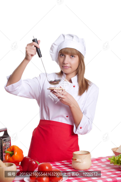 迷人的廚師女人一個(gè)白色的背景