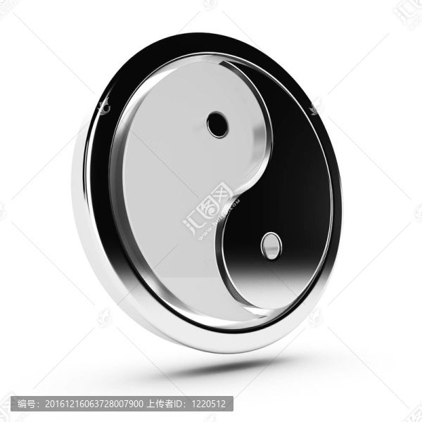 陰陽現(xiàn)代三維符號的一部分由玻璃和另一種金屬做的；有金屬圓形邊界，它的白色背景和陰影；