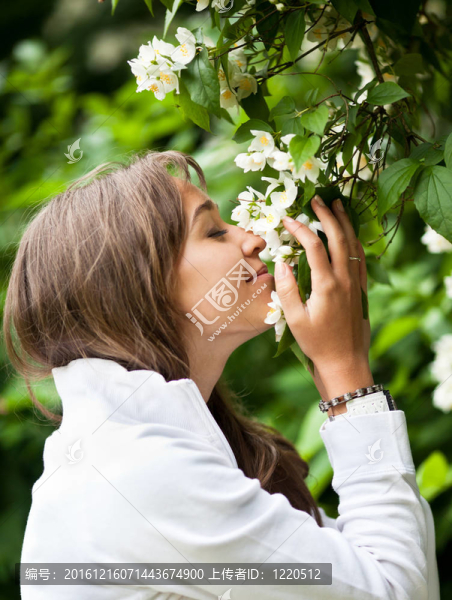 年輕漂亮的女人氣味的白色茉莉花