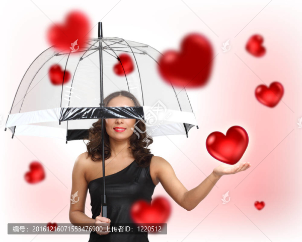 漂亮的年輕女人帶著雨傘和心