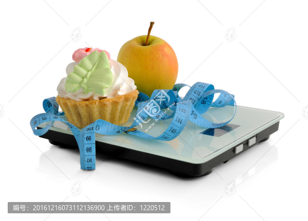 蛋糕和蘋果在衡量卷尺包裹