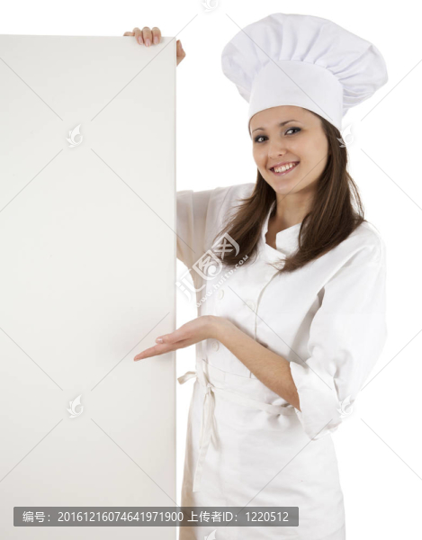 女廚師；baker或廚師微笑快樂抱空白白紙簽
