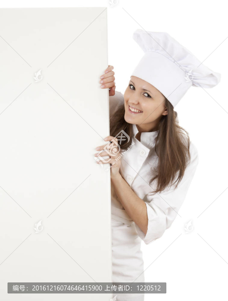 女廚師；baker或廚師微笑快樂抱空白白紙簽