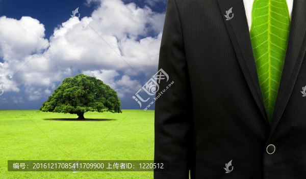 綠色商業(yè)理念：有葉領帶和老樹背景的商人