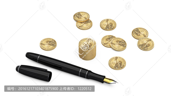白色背景上的美元硬幣和鋼筆