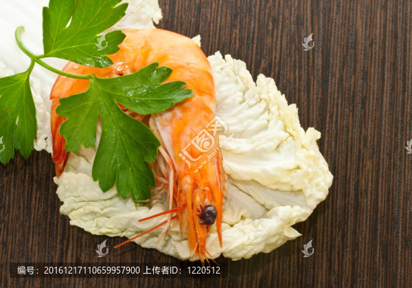 用歐芹沙拉特寫蝦。