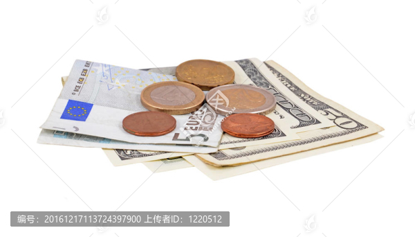 歐元和美元貨幣；在白色背景下孤立
