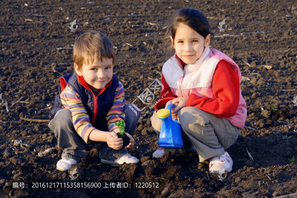 小孩子在田間播種