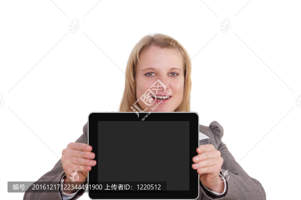 商業(yè)女性平板電腦呈現(xiàn)空白顯示