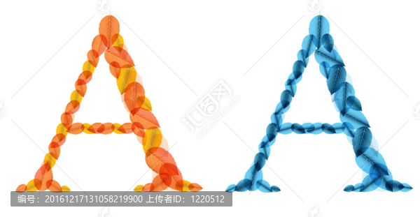 字母由橙色和藍(lán)色的葉子。插畫