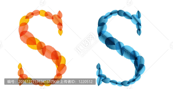 字母由橙色和藍(lán)色的葉子。插畫(huà)