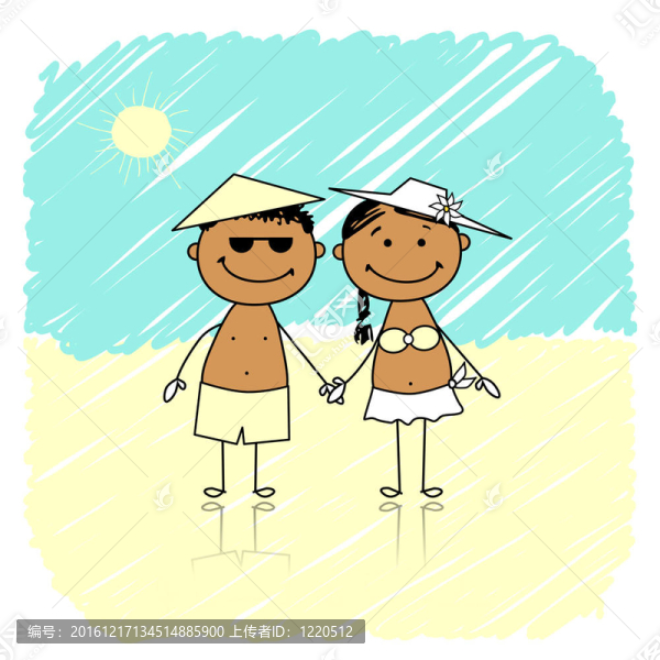 暑假。海灘上的幸福情侶