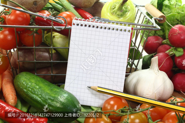 購物籃和新鮮蔬菜清單