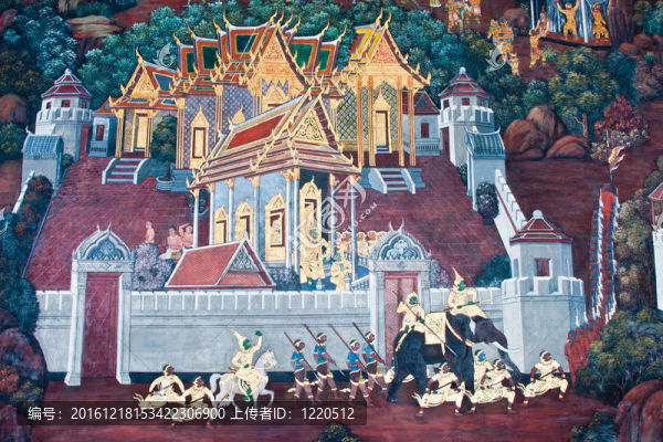 泰國壁畫上墻；Wat,Phra,Kaew；曼谷；