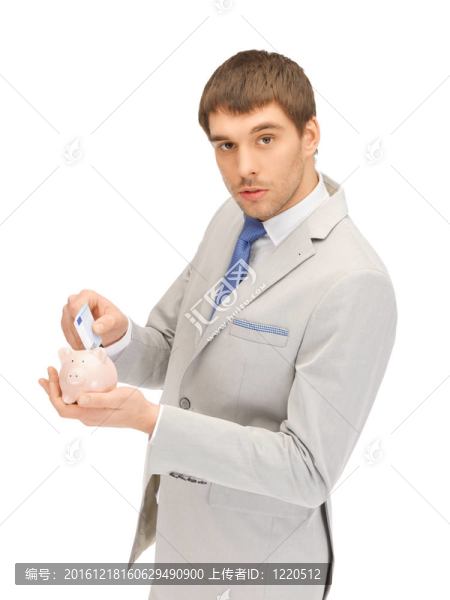帶著存錢(qián)罐和錢(qián)的男人