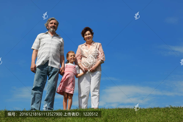 小女孩和她的祖父母站在草地上，手牽著手