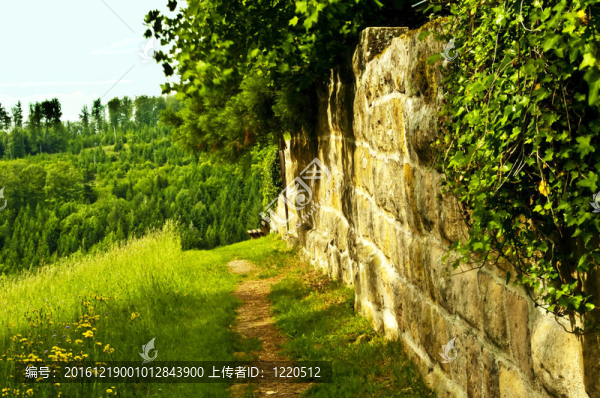 在古老的修道院墻壁上的公園長椅
