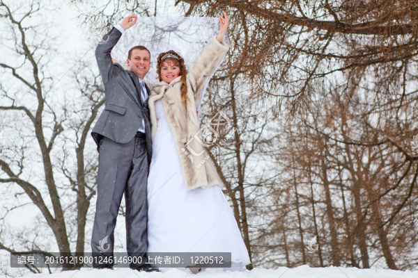 年輕的婚禮高加索夫婦在雪地公園散步。俄羅斯的冬季