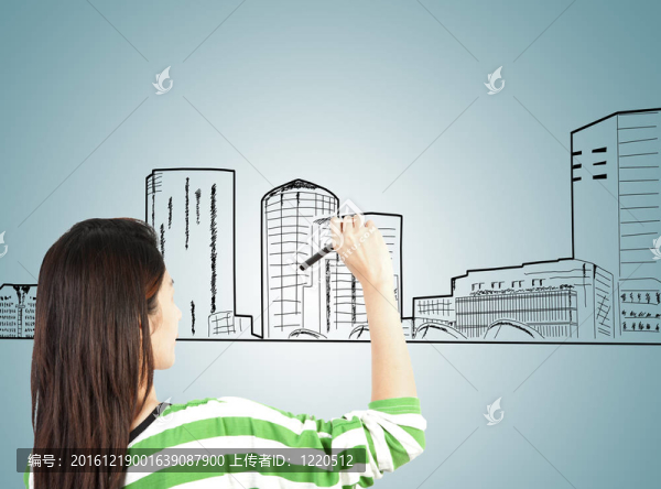 女人畫建筑和城市景觀