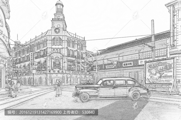 老上海街景線描