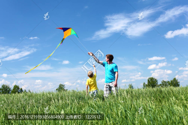 父親帶著兒子在夏天放風(fēng)箏