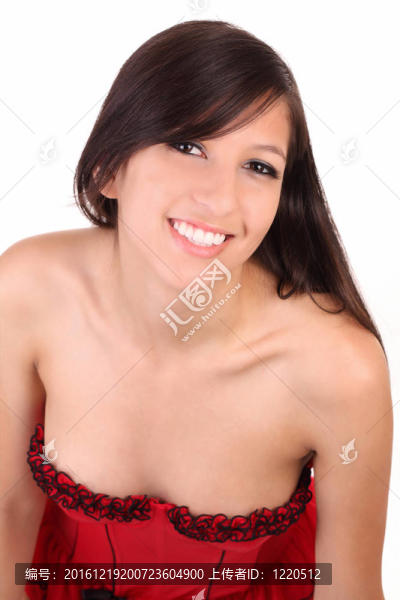 微笑的肖像的年輕女子在紅色的緊身衣