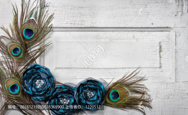 孔雀羽毛和鮮花在舊貨門(mén)