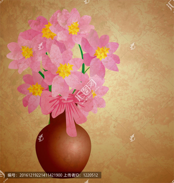 在花瓶垃圾插畫復(fù)古風(fēng)格的粉紅色花