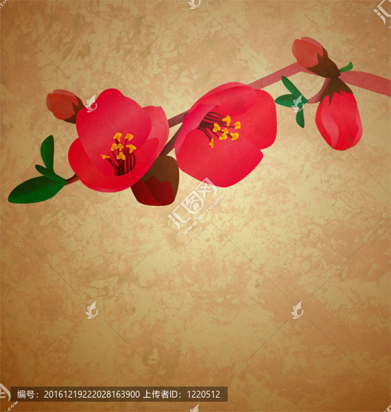 紅色的花，樹(shù)的分支蹩腳的復(fù)古風(fēng)格的插圖