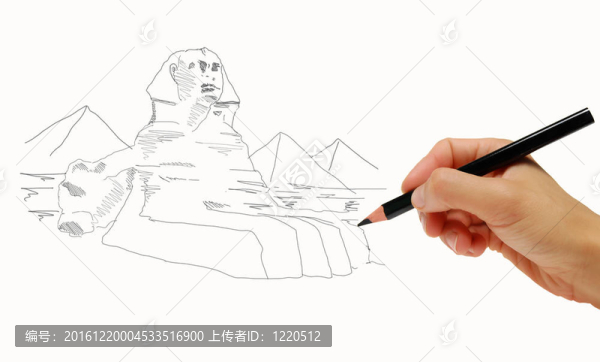 獅身人面像手繪素描與金字塔
