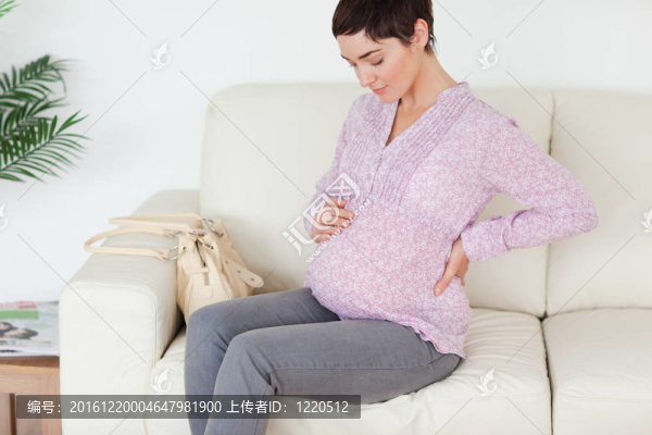 迷人的孕婦坐在沙發(fā)上摸她的肚子