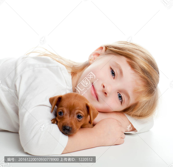 金發(fā)小女孩的迷你杜賓犬寵物狗的吉祥物