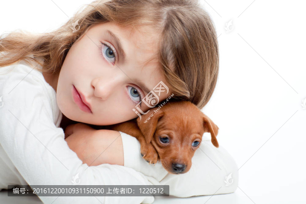 黑發(fā)小女孩的迷你杜賓犬寵物狗的吉祥物