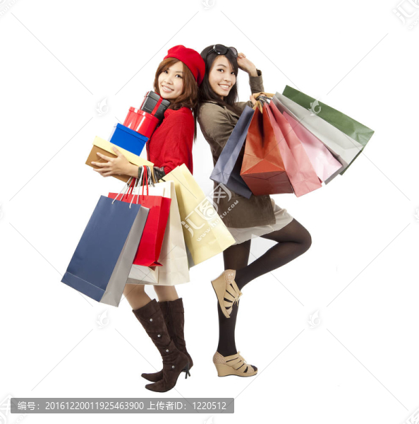 快樂亞洲時尚女孩抱購物袋和禮品盒