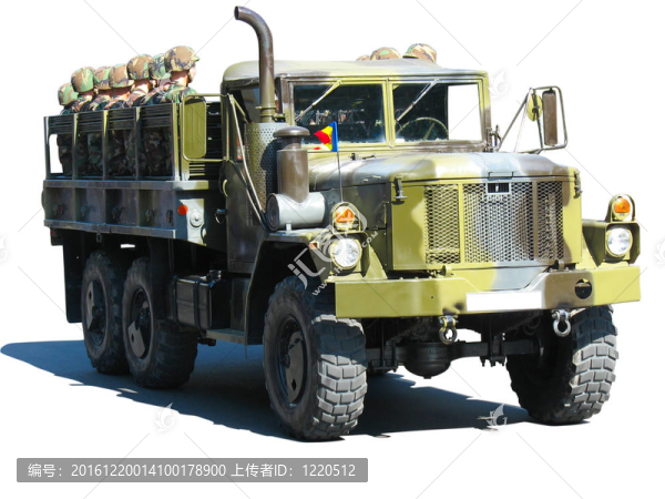 迷彩軍用卡車與士兵孤立