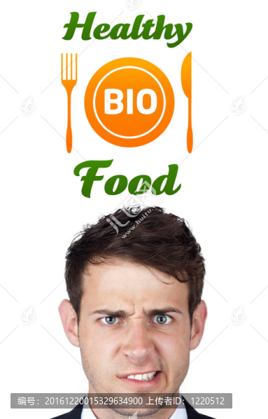 年輕的頭看著健康食品的跡象