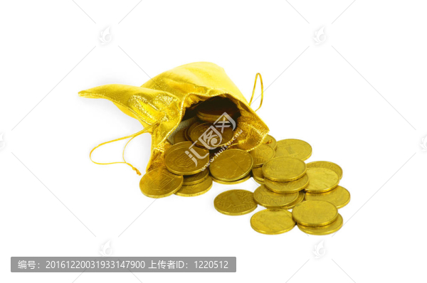 金錢金幣在白色的袋子上孤立