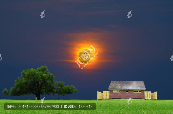 在一個(gè)公園作為野餐的桌子和一個(gè)華麗輝煌的夕陽月亮背后的天空與華麗的夏日，公共廁所的遮蔭樹在草坪上一棵