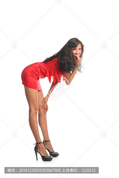 一個穿著紅裙子的年輕漂亮女人的畫像。