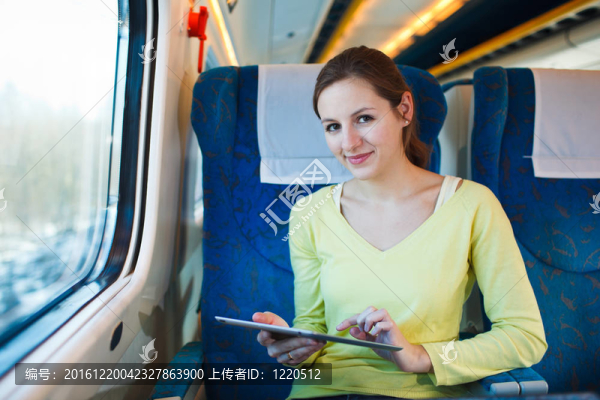 年輕女子坐火車旅行時使用平板電腦