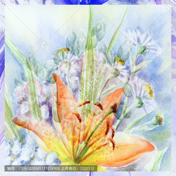 水彩畫；百合花束