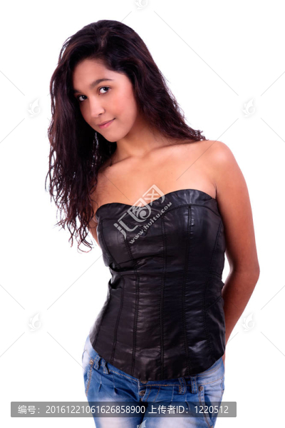快樂美女；看相機；白色背景孤立；攝影棚