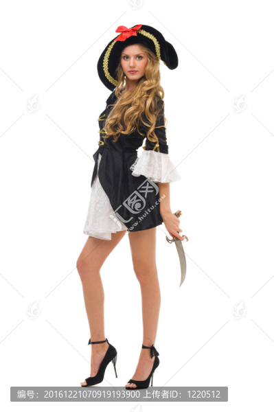 美麗的女人在嘉年華服裝。海盜造型