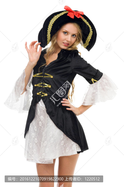 美麗的女人在嘉年華服裝。海盜造型