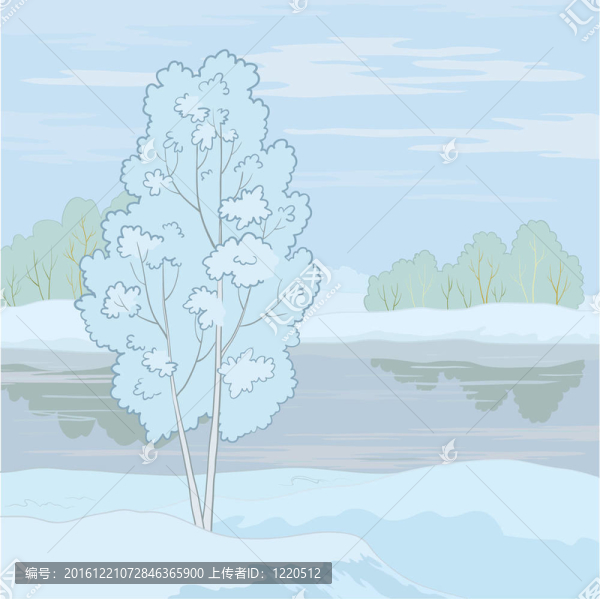 冬季景觀。岸上的樹