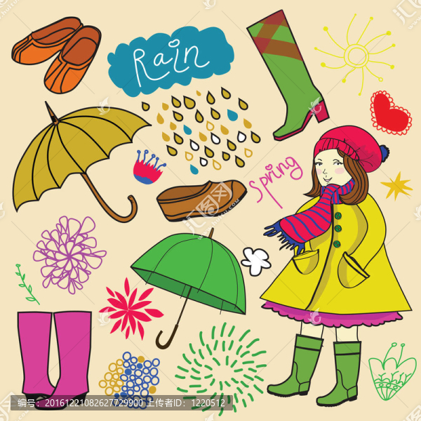 春季多雨的元素和女孩