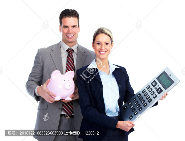 具有計(jì)算器和存錢(qián)罐的商業(yè)團(tuán)隊(duì)。