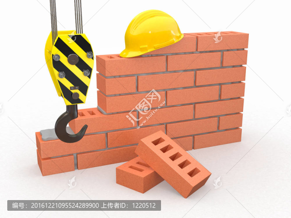 在建設(shè)。磚墻；起重機(jī)的安全帽