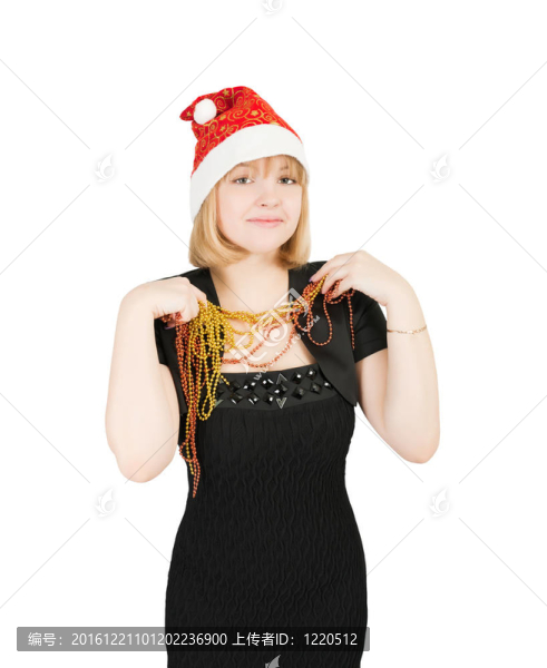 一個(gè)穿著黑色連衣裙和圣誕老人帽子的女孩