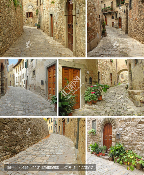 鋪成的狹窄的街道和房屋與風(fēng)景如畫的拼貼；montefioralle；托斯卡納；意大利；歐洲